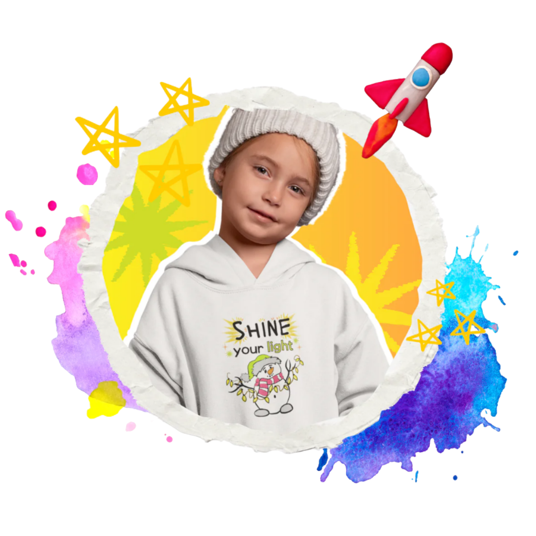 Happy child with colorful design elements